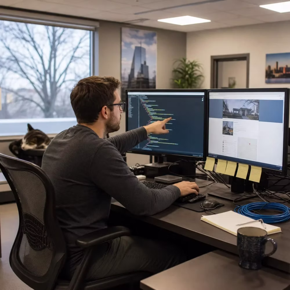 Developer writing schema markup at a desk